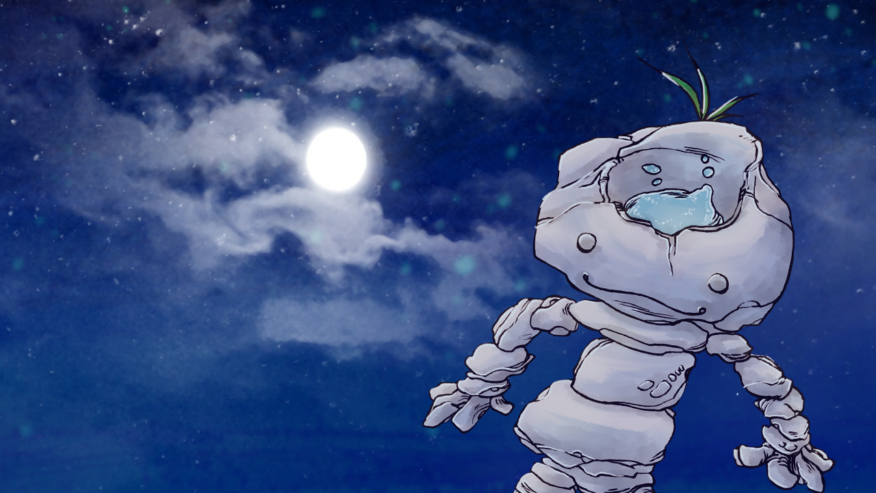 Un petit bonhomme de cailloux sous un ciel étoilé